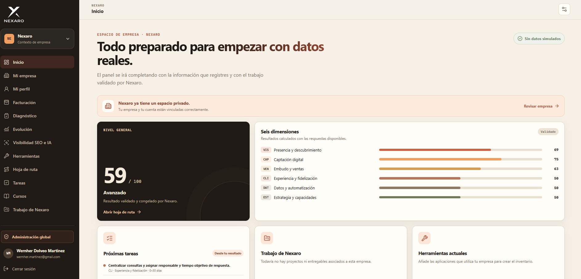Panel de la app Nexaro con el diagnóstico de madurez digital de una empresa
