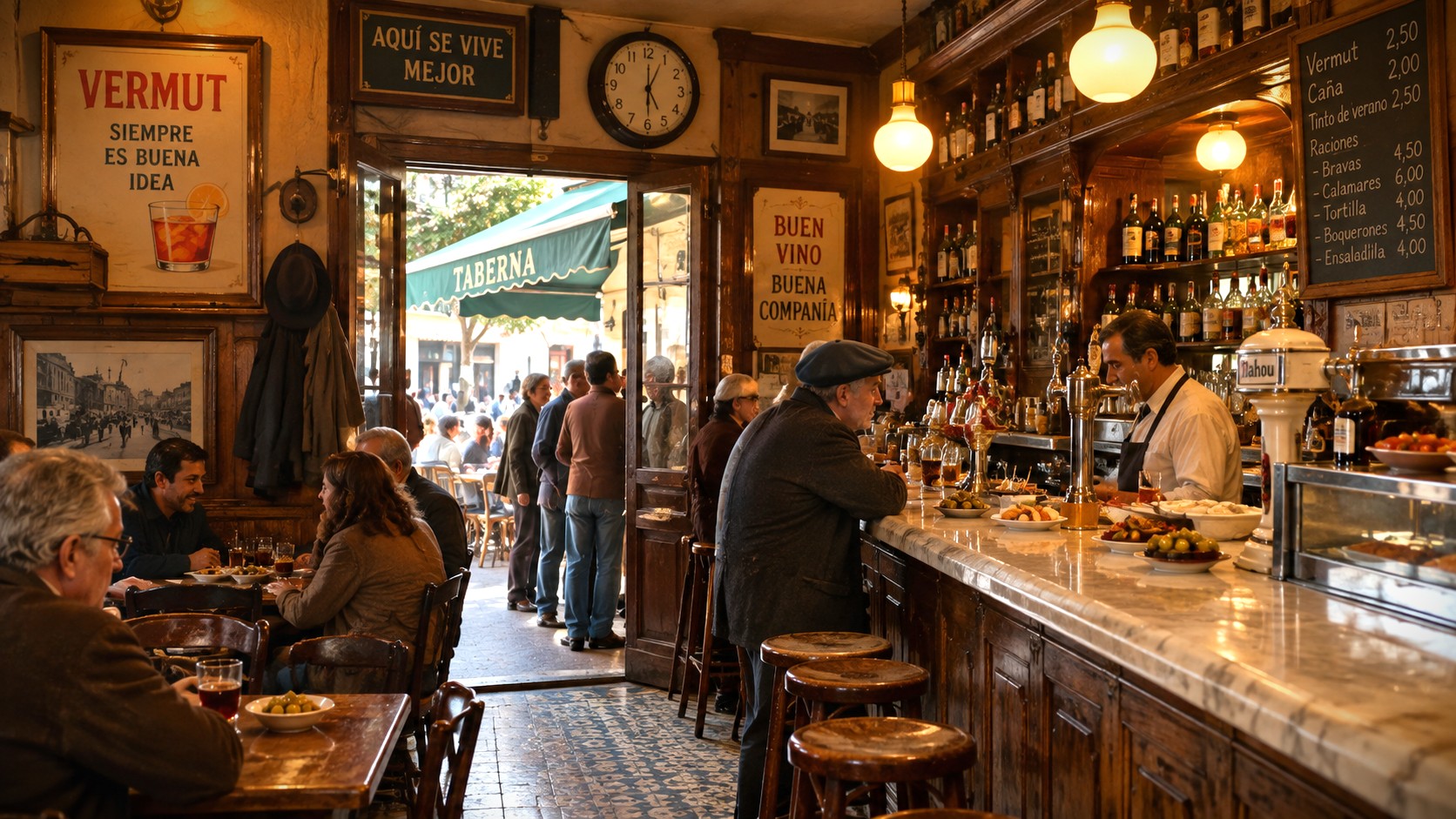 Interior de la Taberna El Zaguán: barra de mármol, cartel de vermut y clientes tomando algo al mediodía